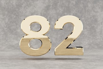 Gold 3d number 82. Glossy golden number on concrete background. 3d rendered digit.