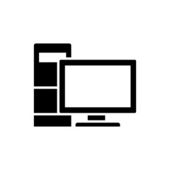 Poster - Computer monitor with system unit icon, Line pc system case symbol in black flat shape design on white background