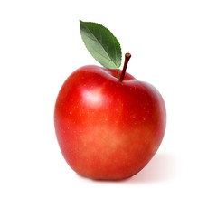 Red Apple with a green leaf on a white isolated background.