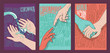 A set of vector illustrations. Image of hands with text on the background. 3 posters. Coronavirus, social distance, world blood donor day on June 14.