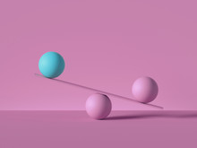 3d Render, Balancing Balls Placed On Scales Or Weigher, Isolated On Pink Background. Primitive Geometric Shapes. Balance Metaphor. Modern Minimal Design