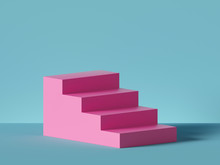 3d Render, Abstract Minimal Background. Pink Steps, Stairs Isolated On Blue. Blank Pedestal, Empty Podium. Architectural Element, Isolated Object, Primitive Shape. Product Showcase, Shop Display