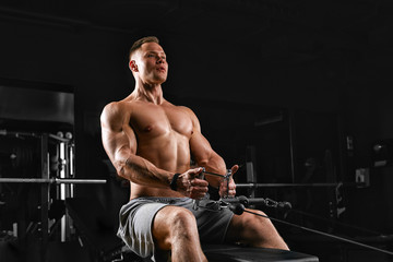 Fit and muscular man trains chest muscles on a block simulator in a gym. An ideal fitness model, trained in the gym. Sport banner, copy space, fitness motivation.