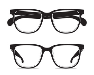 Contour drawing of classic shape eyeglasses, isolated on a white background. Vector set of black eyewear. Front and above view.