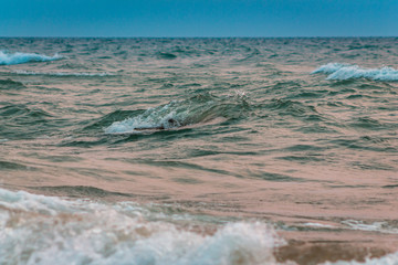 Waves crashing on the beach of Lake Michigan at sunset in Saugatuck Michigan