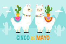 Cinco De Mayo Mexican Holiday Greeting Card Design With Cute Llama Animal Character.