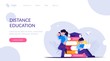 © shendart - Online education. Students view lessons through mobile devices during distance learning. Modern flat vector illustration.