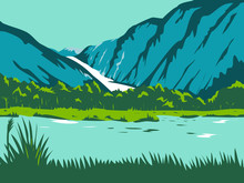 Retro WPA Illustration Of The Fox Glacier And Franz Josef Glacier In The South Island Of New Zealand Done In Works Project Administration Or Federal Art Project Style.