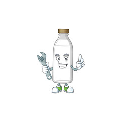 Poster - A mechanic milk bottle mascot character fix a broken machine