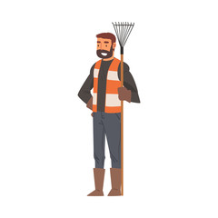 Poster - Man Janitor Standing with Rake, Male Professional Cleaning Staff Character with Equipment, Cleaning Company Service Vector Illustration