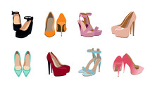 Vector Illustration Of A Set Of Fashionable Shoes With Heels.