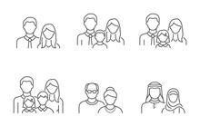 People Avatar Flat Icons. Vector Illustration Included Icon As Man, Female Head, Muslim, Senior, Familes And Couples Human Face Outline Pictogram For User Profile. Editable Stroke