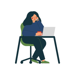 Young woman sits at the table and talks phone. Girl works on laptop computer at home or office. Vector illustration in flat style.