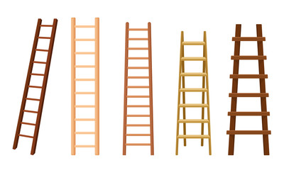 Wooden Stairs or Step Ladders for Domestic and Construction Needs Vector Set