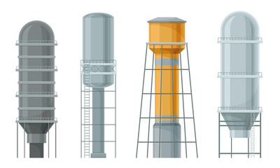 Wall Mural - Water Towers or Tank Houses Made of Metal Vector Set