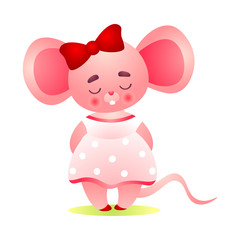 Happy shy pink female mouse character with a red bow on her head standing in a cute dress. Vector illustration in the flat cartoon style.