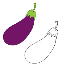 Set Of Eggplant One In The Outline, The Other Is Painted In Color, Isolated Object On A White Background, Vector Illustration,