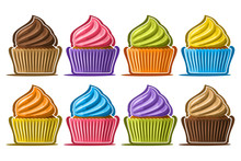 Vector Set Of Assorted Cupcakes, Lot Collection Of 8 Cut Out Illustrations Of Diverse Colorful Cupcakes Or Cup Cakes In A Row, Set Of Many Delicacy Baked Goods For Cafe Menu On White Background.