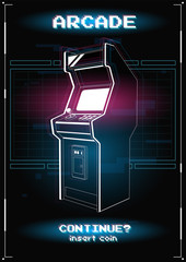 Wall Mural - Neon illustration of Arcade game machine. Retro gaming, Game of 80s-90s. Technology and entertainment concept. Advertisement design.