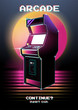 Neon illustration of Arcade game machine. Retro gaming, Game of 80s-90s. Technology and entertainment concept. Advertisement design.