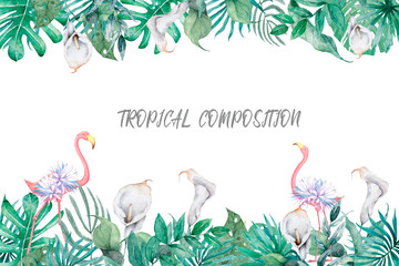  Hand drawn watercolor tropical banner with flamingo. Exotic leaves illustrations horizontal frame, jungle tree, brazil trendy. Perfect for design.