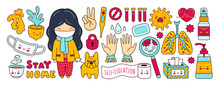 Coronavirus Pandemic, Covid-19. Set Of Stickers, Elements, Symbols, Objects For Quarantine And Self Isolation. Girl With Dog, Medical Mask, Sanitizer, Antiseptic, Lungs. Cartoon Vector Illustrations.