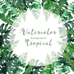 Wall Mural - Watercolor jungle frame with tropical palm leaves. Hand drawn illustration exotic green leaf with background. Circle banner