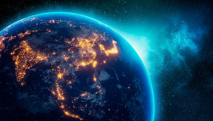 city lights of central and east asia continent at night from outer space. 3d rendering illustration.