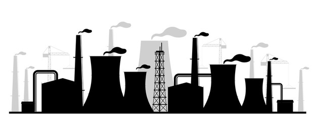 Power plant black silhouette vector illustration. Industrial facility monochrome landscape. Atomic energy station 2d cartoon shape with reactors and chimneys. Air pollution, environment contamination