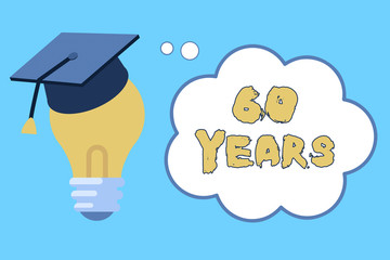 Wall Mural - Word writing text 60 Years. Business photo showcasing It is the onset of a golden era Commemorating a special day 3D Graduation Cap Thinking Resting on Bulb with Blank Cloud Thought Bubble