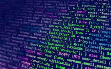 Wall Mural - programming code on monitor screen. developer work. abstract background for search job. html, php we