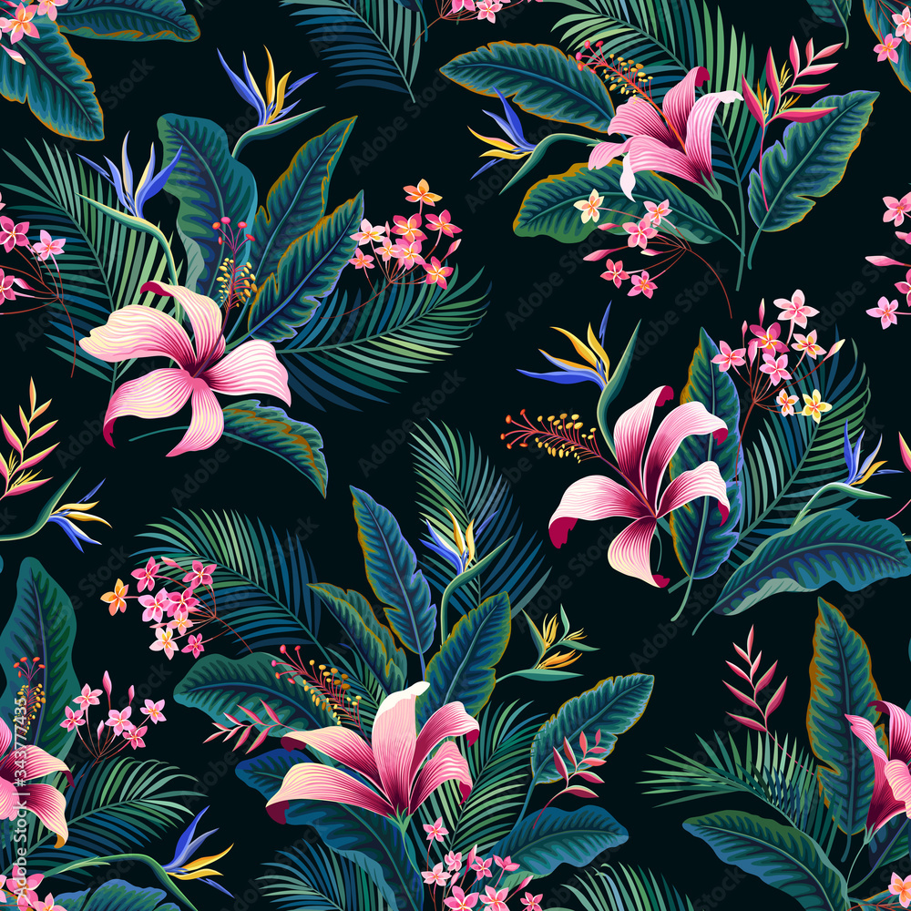 seamless floral pattern. tropical floral pattern with hibiscus and palm ...