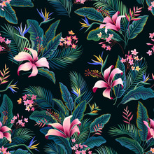 Seamless Floral Pattern. Tropical Floral Pattern With Hibiscus And Palm Tree Leaves On Dark Blue