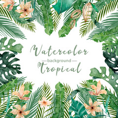 Wall Mural - Hand drawn watercolor tropical banner with jungle leaves. Exotic leaves illustrations horizontal frame, jungle tree, brazil trendy. Perfect for design.