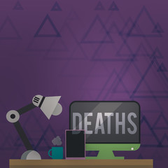 Writing note showing Deaths. Business concept for permanent cessation of all vital signs, instance of dying individual Arrangement for Nightshift Worker Computer, Tablet and Lamp