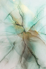  Abstract green and gold fragment of colorful background, wallpaper. Mixing acrylic paints. Modern art. Marble texture. Alcohol ink colors translucent.Alcohol Abstract contemporary art fluid.