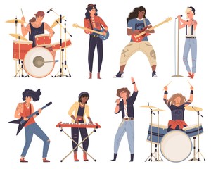 Afro-american, caucasian men, woman, musicians playing musical instruments: drums, guitar, electric bass, cymbals. Rock band. Guy, girl singing, Competition, show. Vector flat set isolated on white.