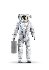 Wall Mural - astronaut with suitcase / 3d illustration of space suit wearing male figure holding large briefcase 