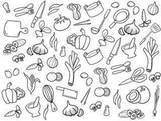 seamless doodle pattern of kitchen ware and asian ingredients isolated on white background.