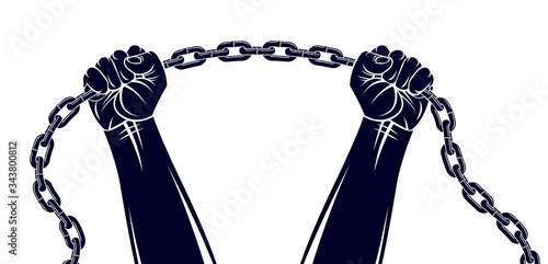 Fotografía Strong hand clenched fist fighting for freedom against chain slavery theme illustration, vector logo or tattoo, getting free, struggle for liberty