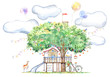 Tree house for kids.Swing, deer, clouds,slide and playhouse.Summer image.White background. Watercolor hand drawn illustration.	

