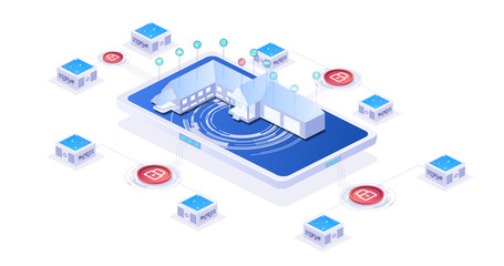 Fototapete - Internet of things isometric poster with smart house on screen of smartphone. Control household appliances function Concept of system intelligent control house on white background. IOT.
