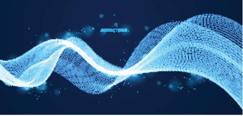 Wave line of flowing particles over dark abstract vector background, smooth curvy shape shining dots fluid array. 3d dots blended mesh, future technology relaxing wallpaper.