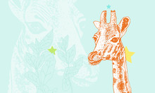Cheeky Giraffe Licking Nose. Detailed, Rich Texture, Hand Drawn. 