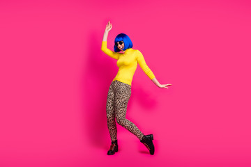 Sticker - Full body photo of crazy funny lady youth strange moves students costume party wear specs yellow turtleneck blue bob wig boots leopard pants isolated bright pink color background