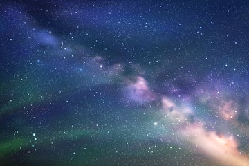 Sticker - vector illustration with milky way and green aurora borealis. space dark background with our galaxy 
