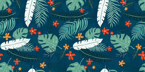 Wall Mural - Tropical Leaves Seamless Pattern - elegant, exotic, hand drawn leaves - great for Textiles, Fabrics, Wallpapers, banners, Cards - surface design