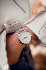 Stylish elegant classic watch on woman hand