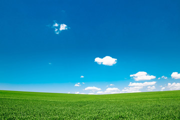 meadow field with clouds and blue sky. beautiful minimal summer landscape of the hills.