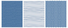 Set Of 3 Hand Drawn Irregular Geometric Patterns. White Chevron And Waves With Loops On A Navy Blue Background. Blue Horizontal Stripes On Light Gray Layout. Cute Infantile Style Illustration. 